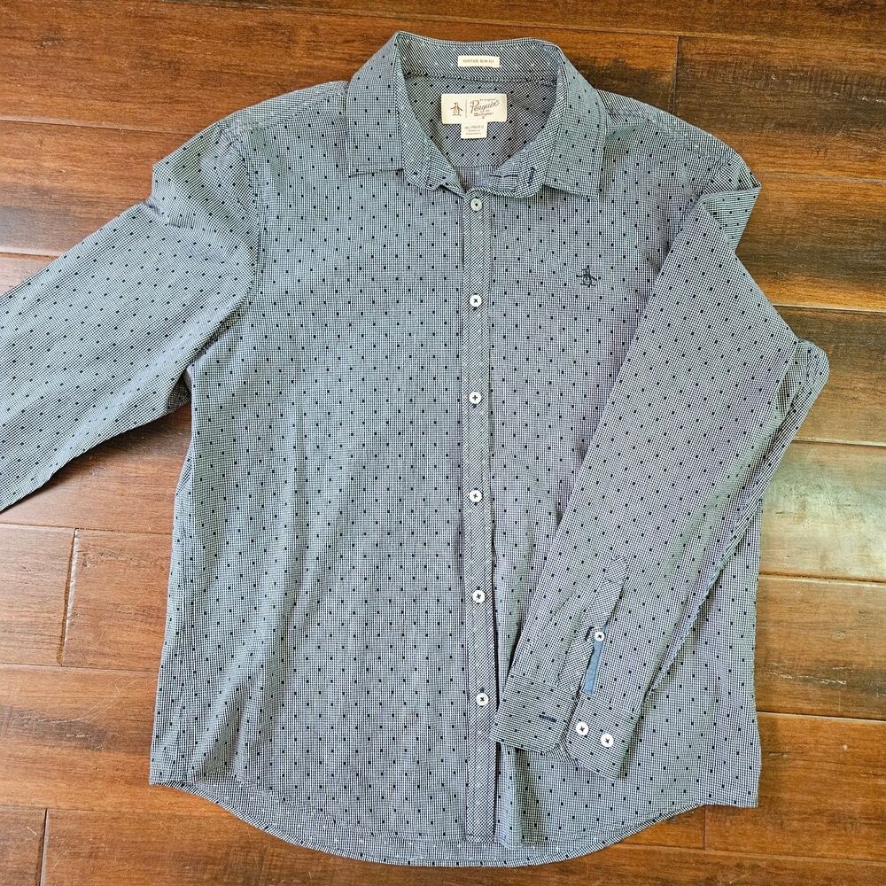 Original Penguin Men's XL Heritage Slim Fit Button Down Shirt Gray Black Dots